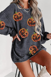 Sequin Patch Pumpkin Round Neck Sweatshirt