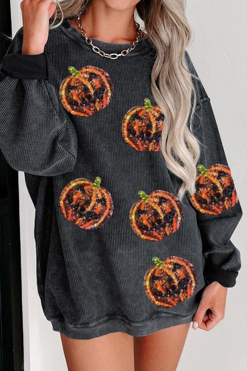 Sequin Patch Pumpkin Round Neck Sweatshirt