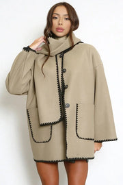 Taupe Fall & Winter Unique Contrast Trim Button Coat With Scarf