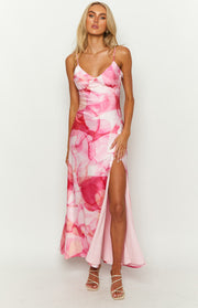 Lilie Pink Satin Print Maxi Dress