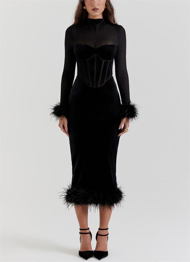 Sexy Black Feather Dress Perspective Mesh Wrapped Hip Dress Christmas Dress