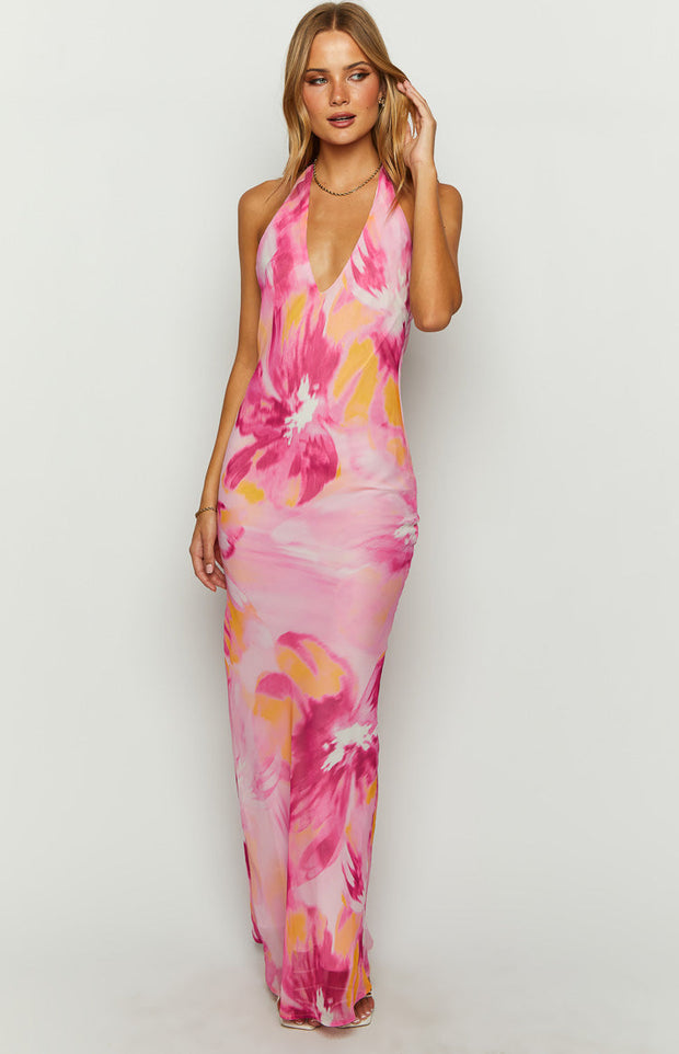 Orleans Pink Hibiscus Print Maxi Dress