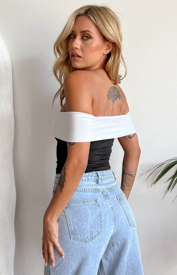 Paige Off Shoulder Black And White Contrast Top
