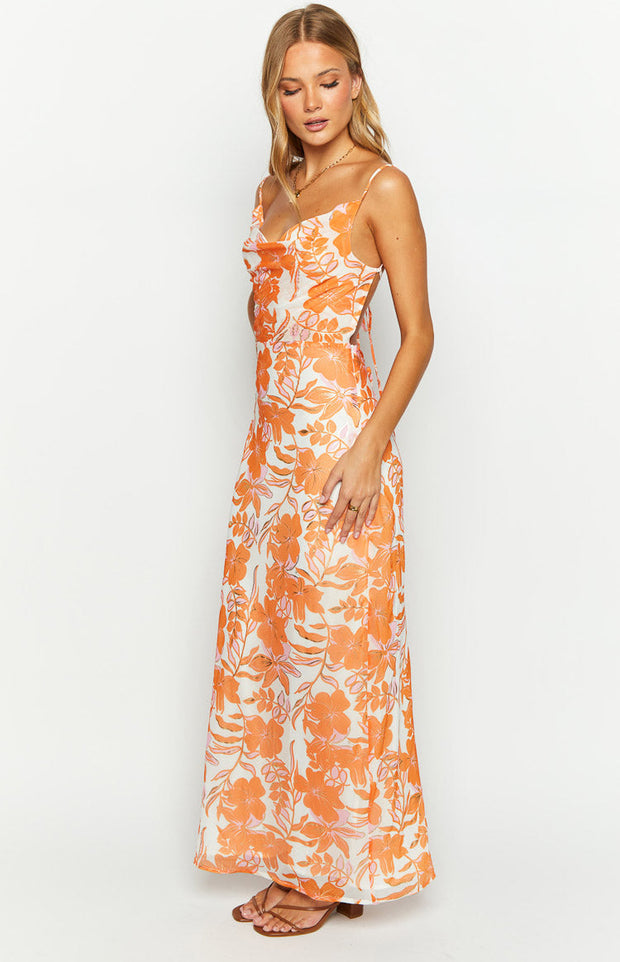 Cambri Orange Floral Chiffon Maxi Dress